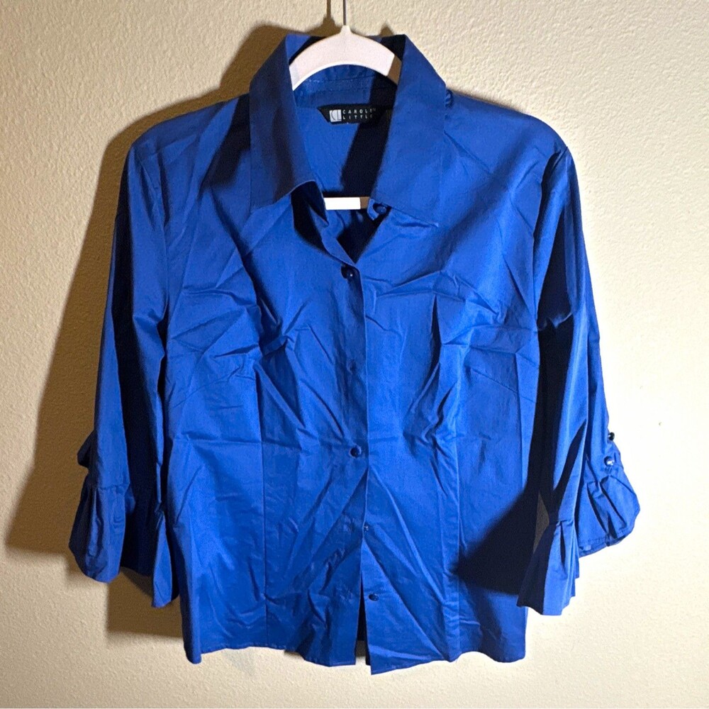Carole Little Women’s Solid Blue Collared 3/4 Sleeve Button-Up Shirt L